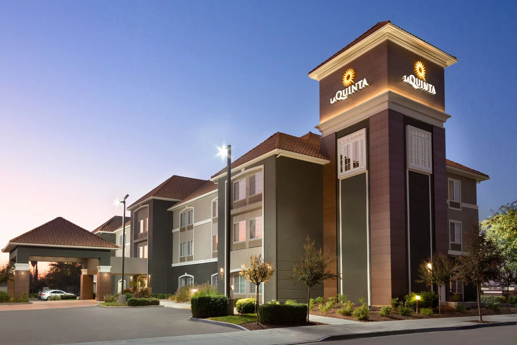 Hotel exterior illuminated at night